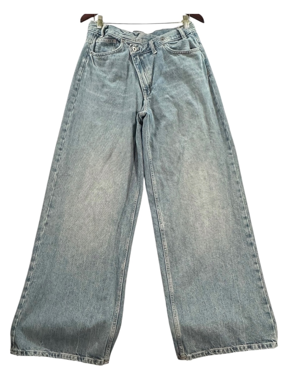 Zara Women’s Size 10 Wide Leg Jeans Crossover Waist Faded Light Wash Y2K